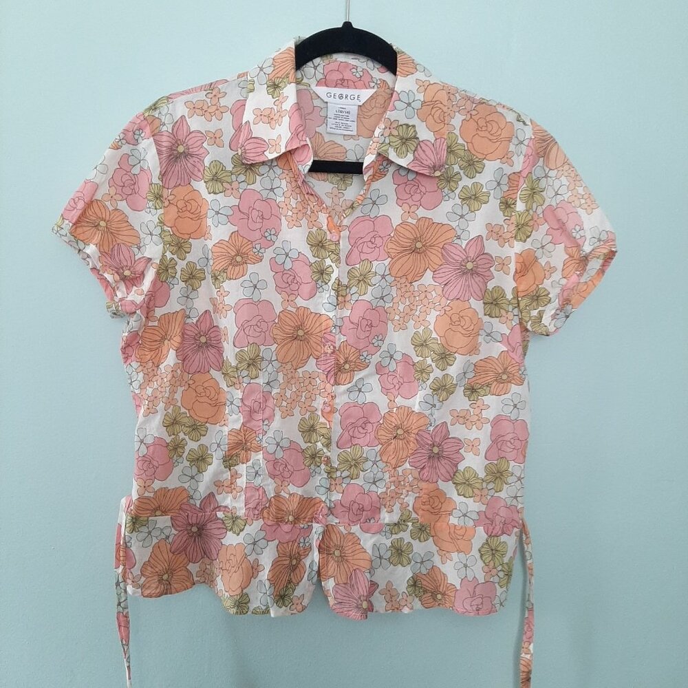 Y2K Floral Babydoll Peplum Tie Button Down Blouse Light Boho Preppy Coquette Lg